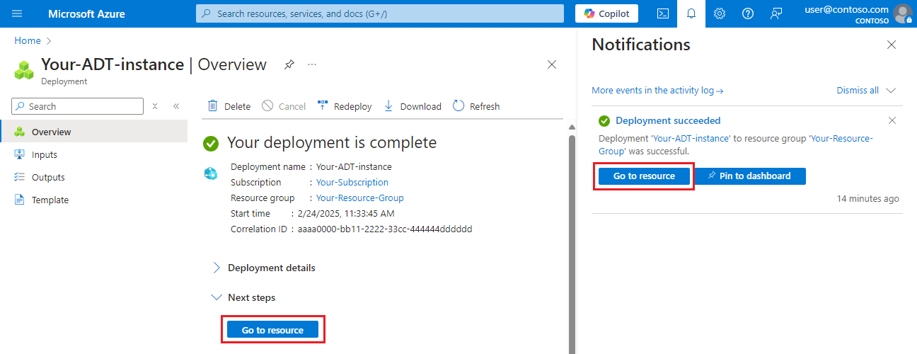 Zrzut ekranu przedstawiający stronę wdrażania usługi Azure Digital Twins w witrynie Azure Portal. Strona wskazuje, że wdrożenie zostało ukończone.