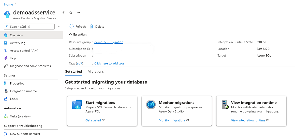 Zrzut ekranu przedstawiający sposób monitorowania migracji w witrynie Azure Portal.