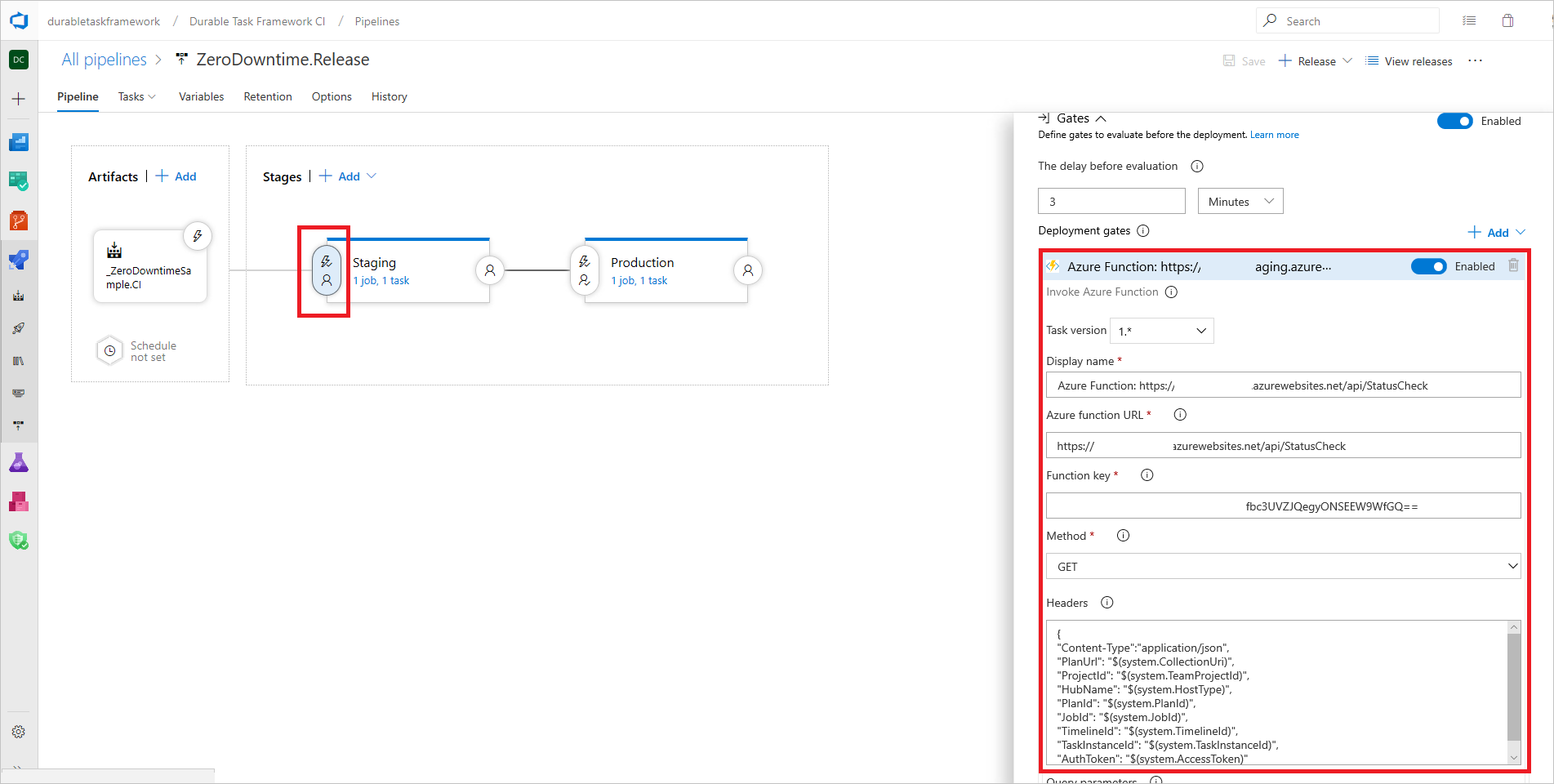Zrzut ekranu konfiguracji bramy wdrożenia Azure Pipelines dla wdrożenia Durable Functions bez przestojów.