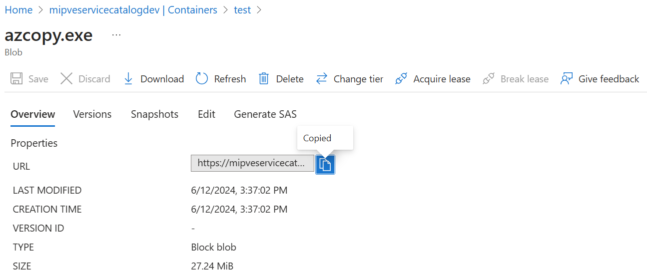 Zrzut ekranu przedstawiający identyfikator URI pliku azcopy.exe.