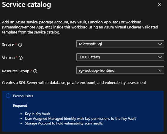 Zrzut ekranu przedstawiający szablon Azure SQL wybrany z listy katalogów usług.