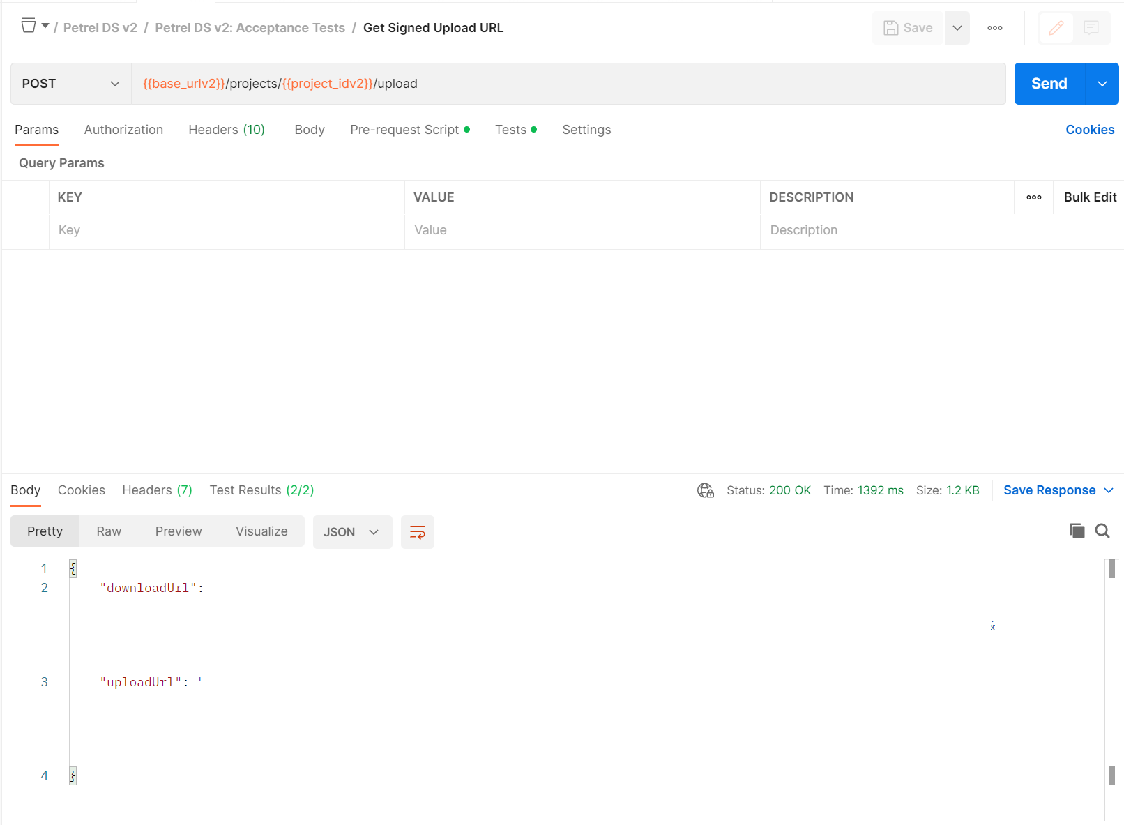 Screenshot that shows the API that gets a project upload URL.