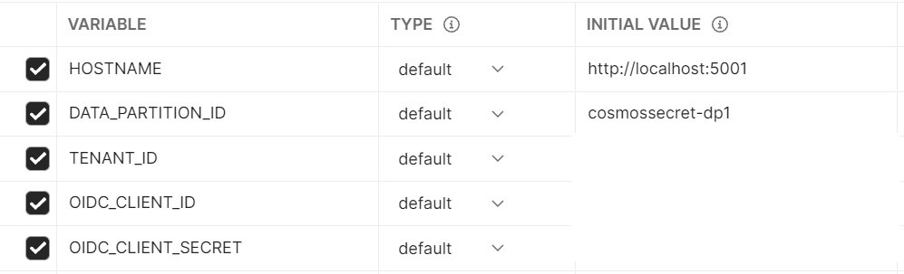 Screenshot that shows an example Postman environment.