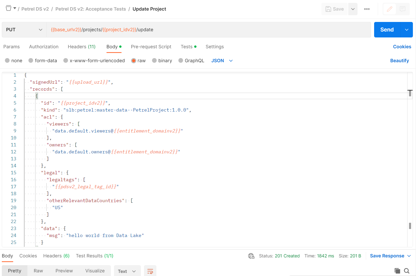 Screenshot that shows the API that updates a project.