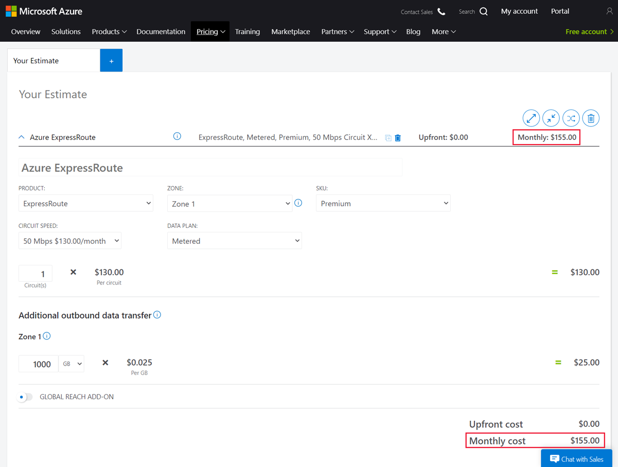 Szacowanie kosztów usługi ExpressRoute w kalkulatorze platformy Azure