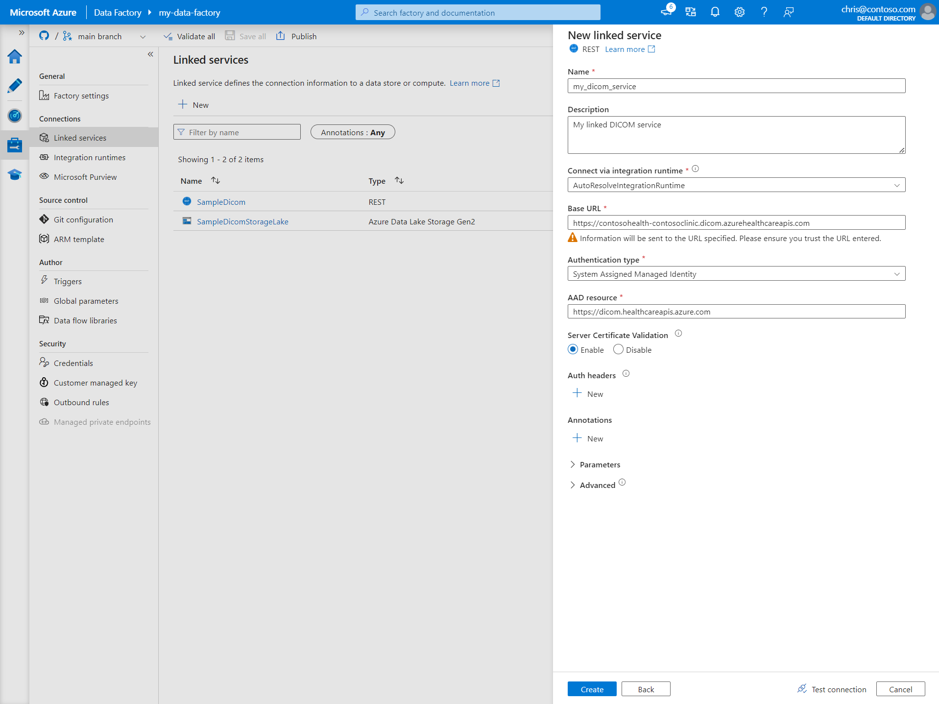 Zrzut ekranu przedstawiający okienko Nowa połączona usługa ze szczegółami usługi DICOM.