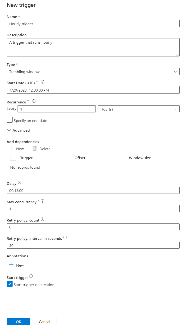 Zrzut ekranu przedstawiający okienko Nowy wyzwalacz z polami Nazwa, Opis, Typ, Data i Cykl.