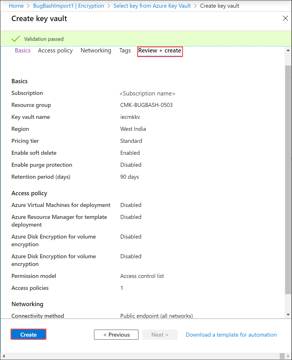 Zrzut ekranu przedstawiający ekran Przegląd i Tworzenie dla nowego Azure Key Vault. Przycisk Utwórz jest wyróżniony.
