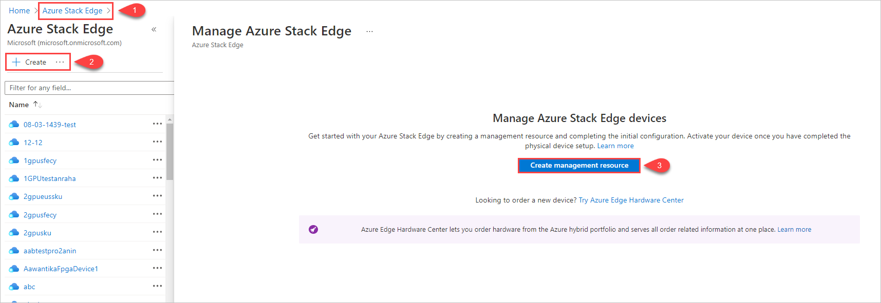 Ilustracja przedstawiająca 3 kroki umożliwiające rozpoczęcie tworzenia zasobów zarządzania w usłudze Azure Stack Edge.