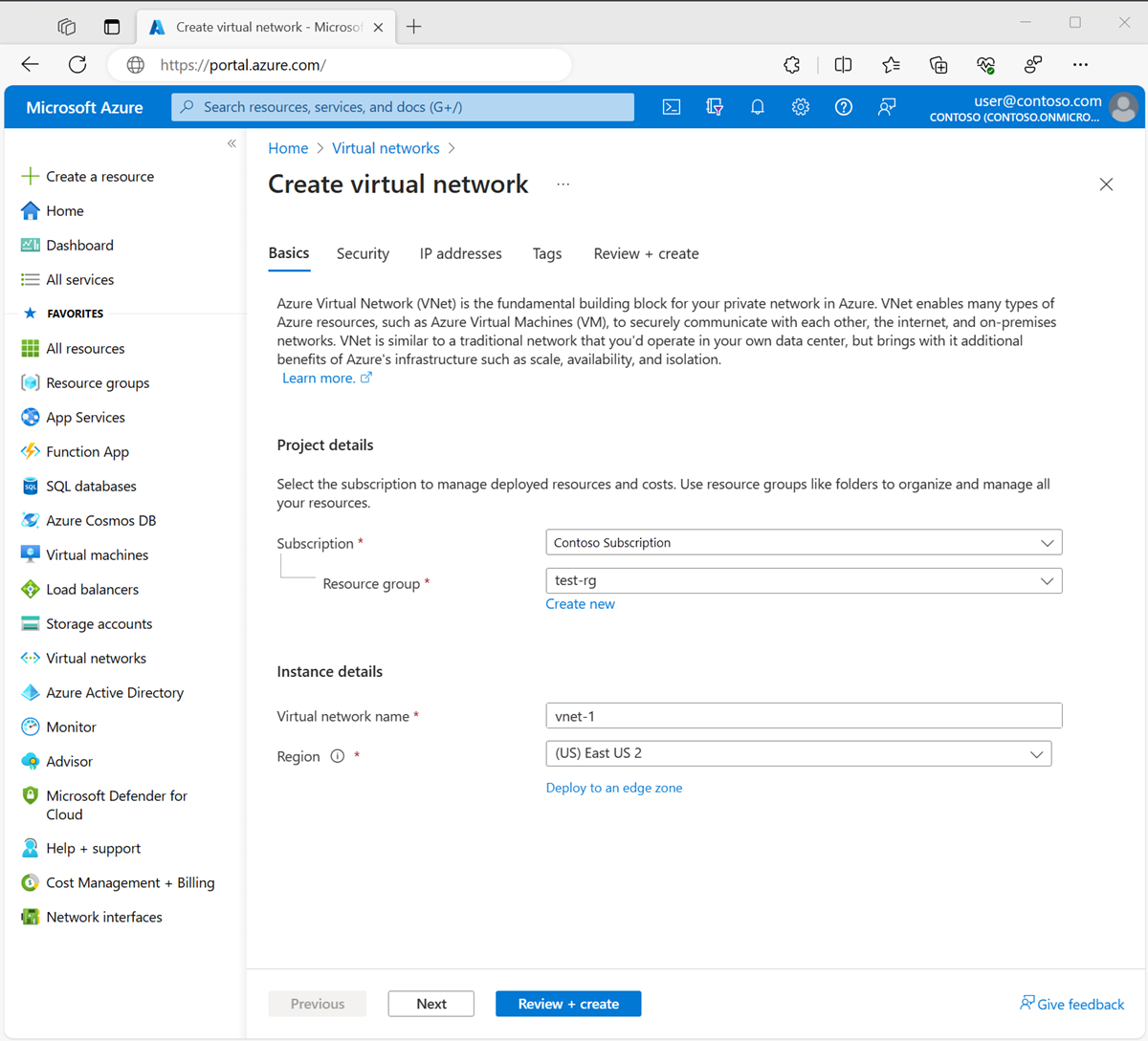 Zrzut ekranu zakładki Podstawy tworzenia sieci wirtualnej w Azure portal.