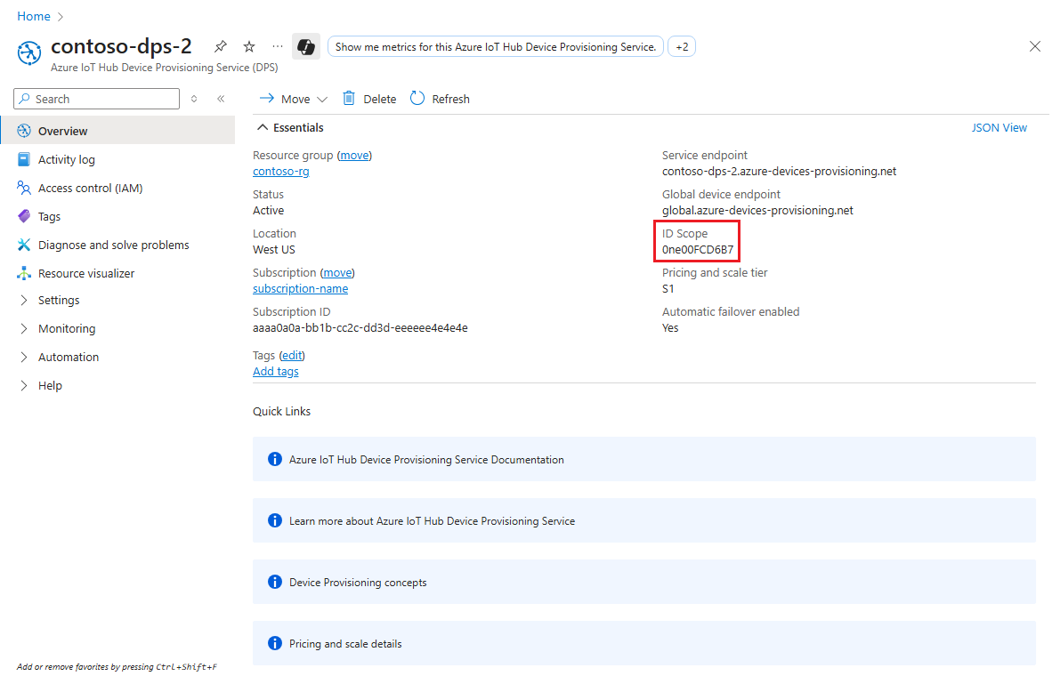 Zrzut ekranu przedstawiający stronę Przegląd wystąpienia usługi Azure IoT DPS w witrynie Azure Portal z wyróżnioną lokalizacją wartości zakresu identyfikatora.