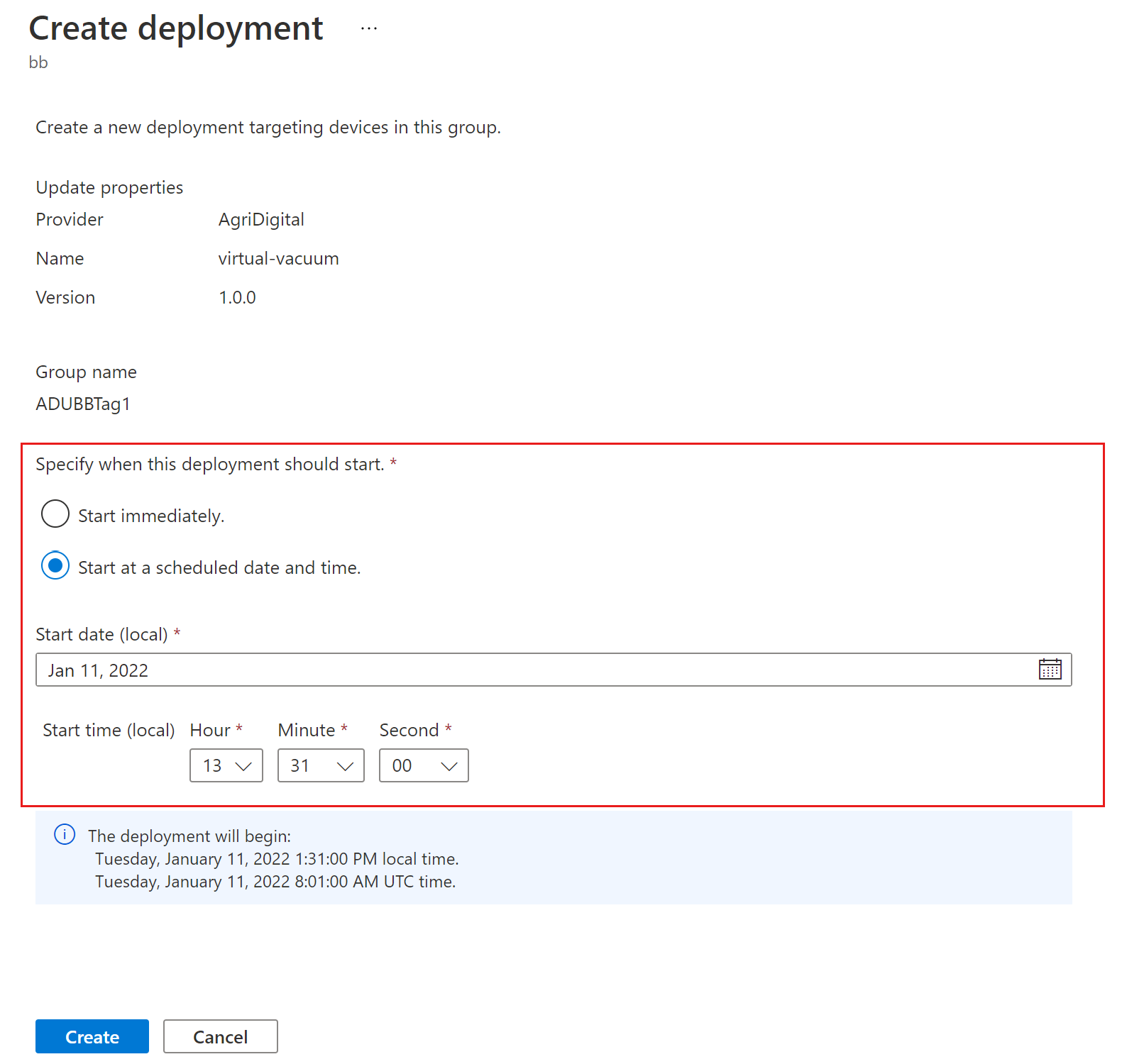 Zrzut ekranu przedstawiający ekran Tworzenie wdrożenia.