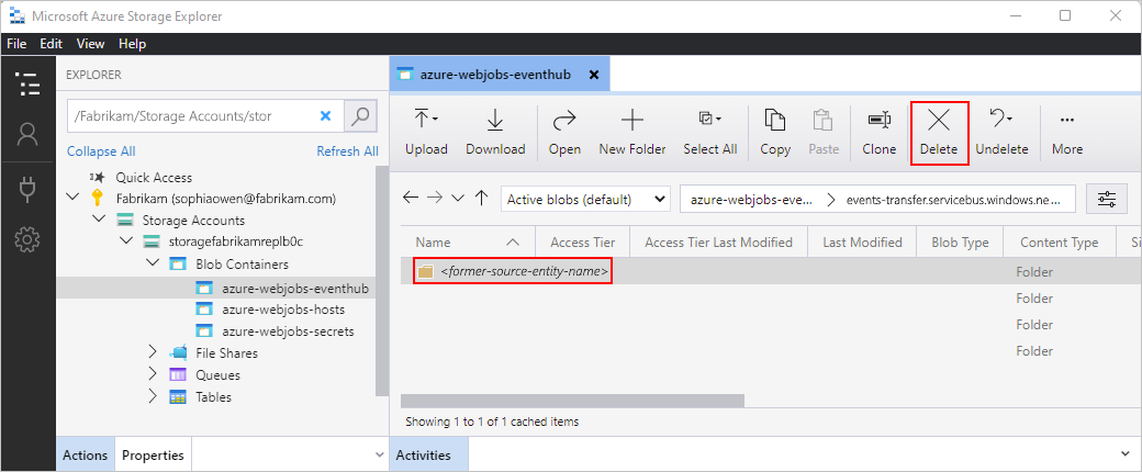 Screenshot showing the former source Event Hubs entity folder selected with the 