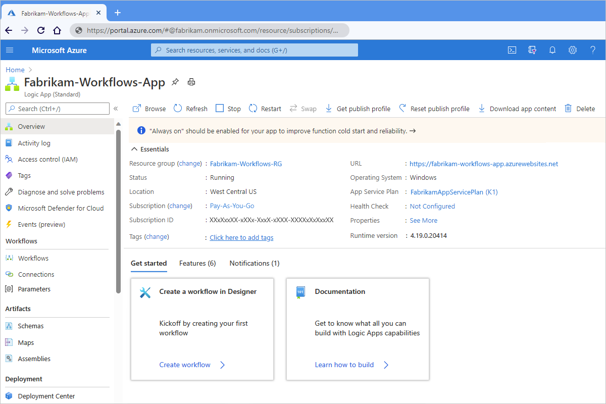 Zrzut ekranu przedstawiający stronę witryny Azure Portal dla aplikacji logiki w programie Visual Studio Code.