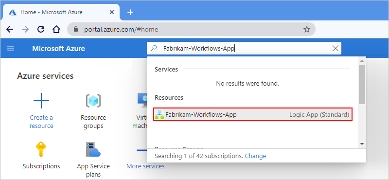 Zrzut ekranu przedstawiający witrynę Azure Portal i pasek wyszukiwania z wynikami wyszukiwania dla wdrożonej aplikacji logiki, która zostanie wybrana.