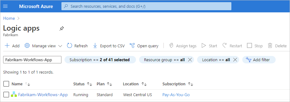 Zrzut ekranu przedstawiający witryny Azure Portal i standardowe zasoby aplikacji logiki wdrożone na platformie Azure.