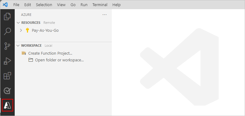 Zrzut ekranu przedstawiający pasek działań programu Visual Studio Code z wybraną ikoną platformy Azure.