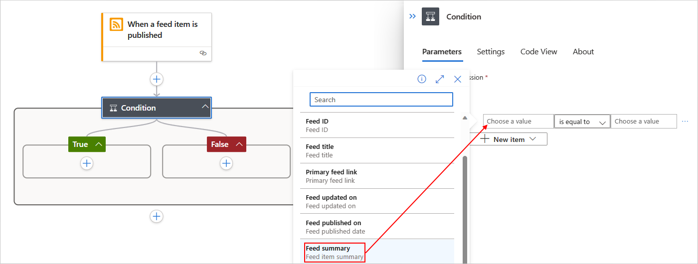 Zrzut ekranu przedstawiający Azure Portal, projektanta przepływu pracy w warstwie Standardowa, wyzwalacza RSS i akcji Warunek z konstrukcją kryteriów.