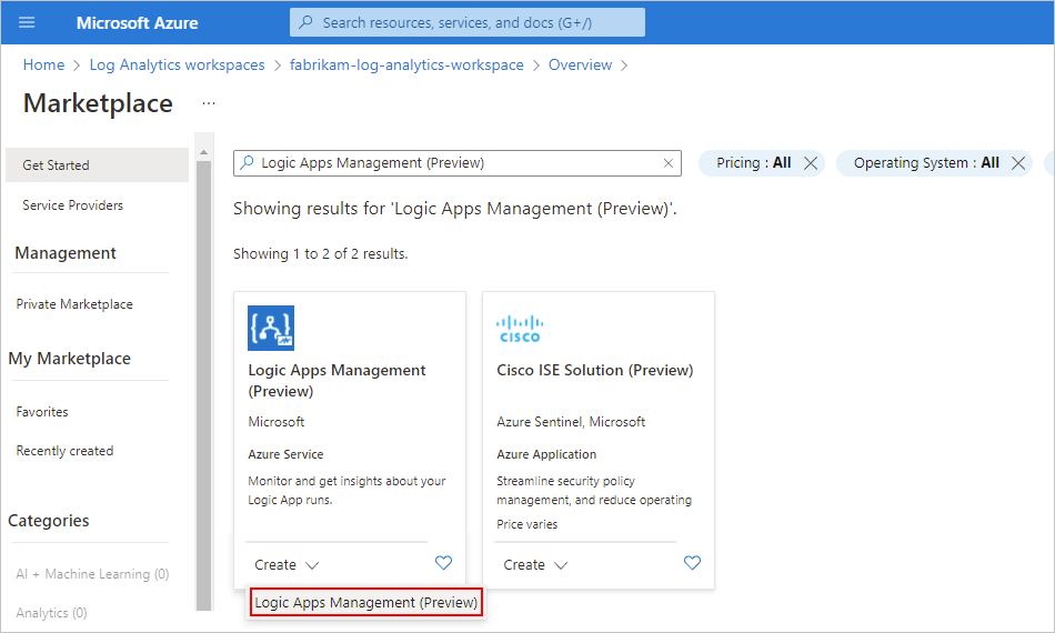 Zrzut ekranu przedstawiający portal Azure, stronę Marketplace, kafelek 