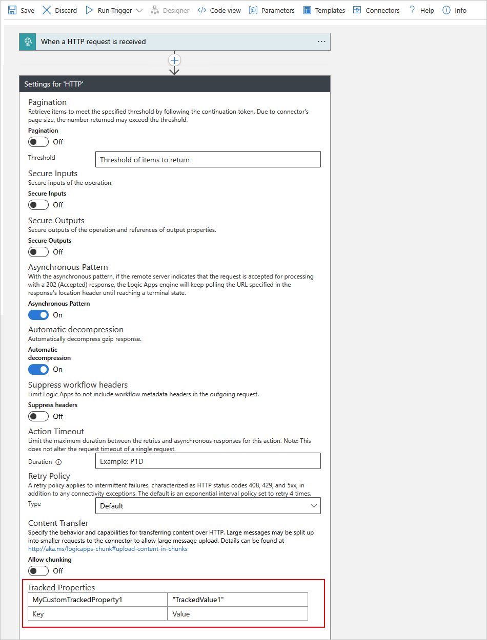 Zrzut ekranu przedstawiający portal Azure, projektanta przepływu pracy dotyczącym zużycia oraz akcję HTTP ze śledzonymi właściwościami.