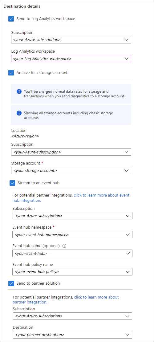 Zrzut ekranu przedstawiający portal Azure, zasób aplikacji logiki zużycia, ustawienie diagnostyczne z opcjami konta magazynu i Event Hub.