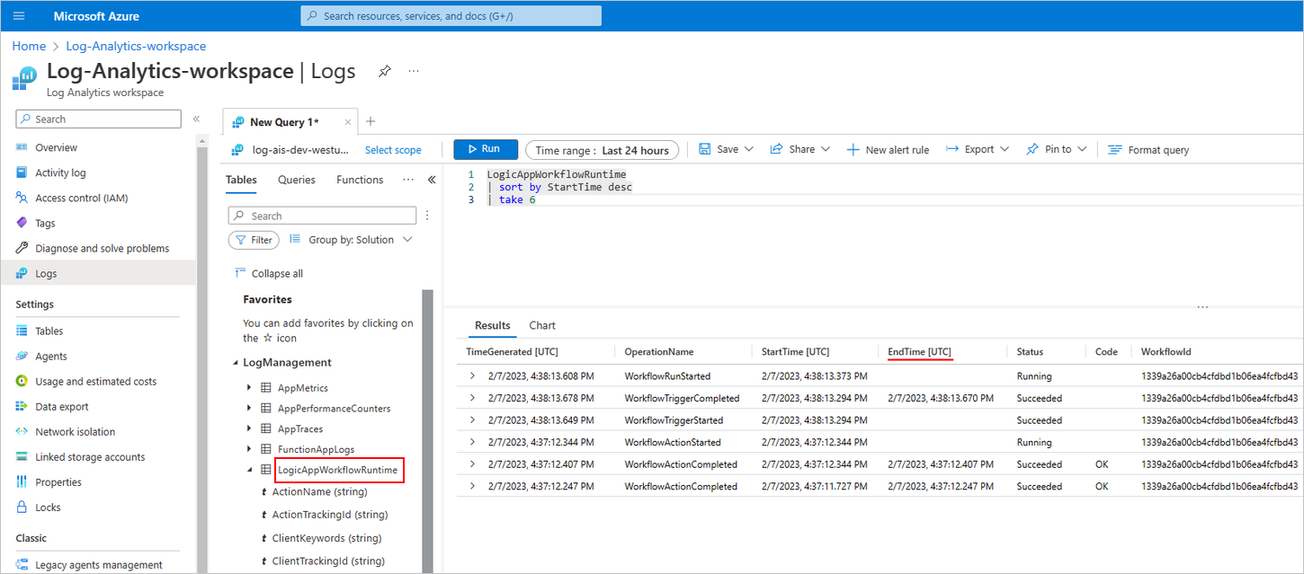 Zrzut ekranu przedstawiający Azure Portal, obszar roboczy Log Analytics i przechwycone dane telemetryczne dla uruchomienia przepływu pracy aplikacji logiki w wersji Standard.
