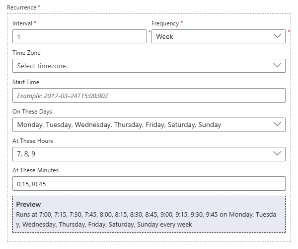 Zrzut ekranu przedstawia właściwości powiązane z tygodniem ustawione na wartości opisane w poprzedniej tabeli.