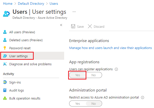 Sprawdź w obszarze Ustawienia użytkownika, że użytkownicy mogą rejestrować aplikacje usługi Active Directory.