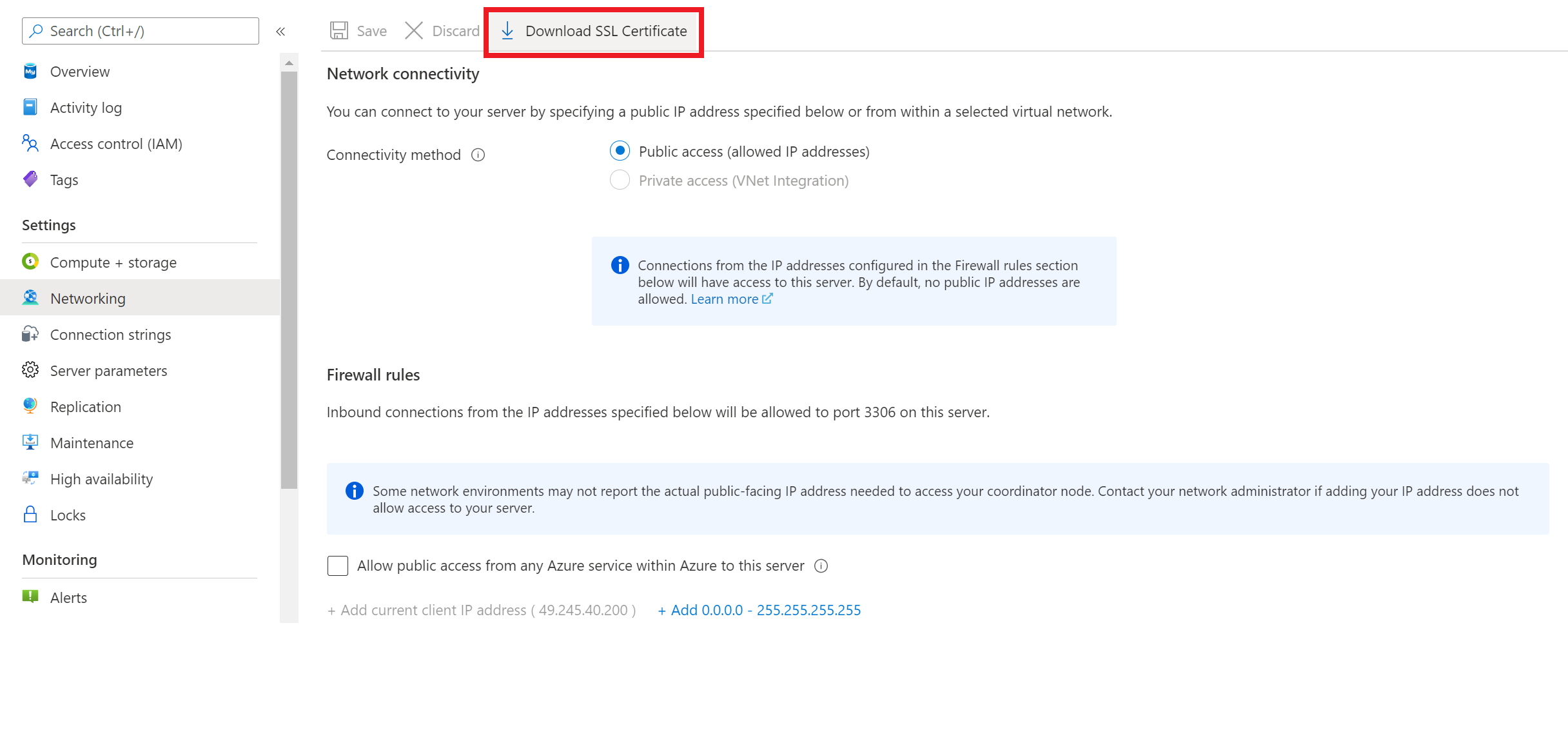 Zrzut ekranu przedstawiający sposób pobierania publicznego certyfikatu SSL z witryny Azure Portal.