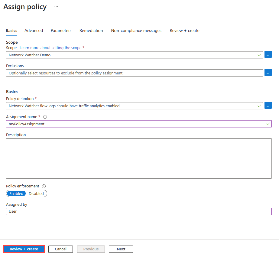 Zrzut ekranu przedstawiający kartę Podstawowe, aby przypisać zasady inspekcji w witrynie Azure Portal.