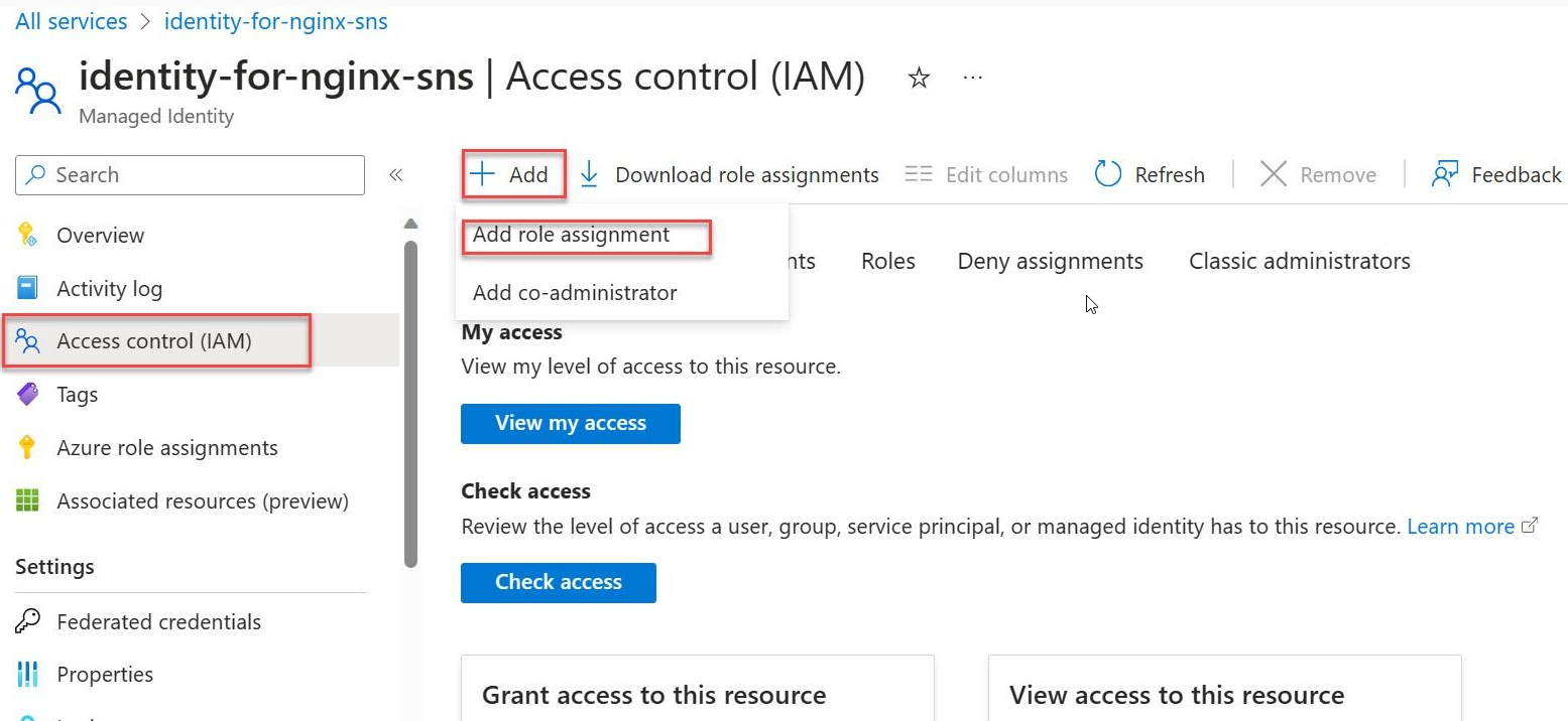 Zrzut ekranu przedstawiający tożsamość dla polecenia nginx SNS add role assignment (Dodawanie przypisania roli).
