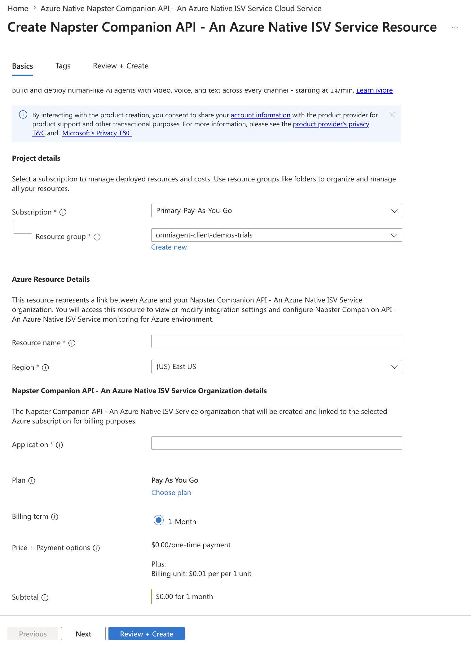 Zrzut ekranu przedstawiający opcje zasobu Napster Companion API w okienku roboczym portalu Azure z wyświetloną kartą Podstawowe.