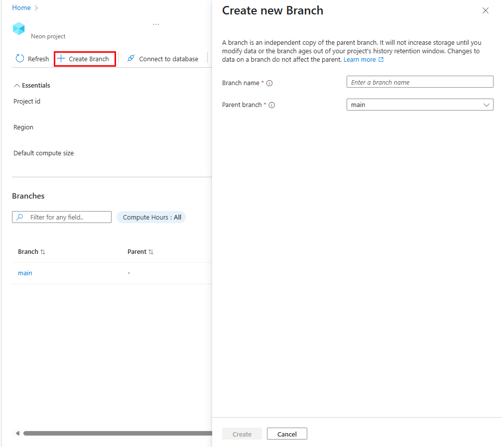 Zrzut ekranu przedstawiający przycisk tworzenia gałęzi i okienka do tworzenia gałęzi.