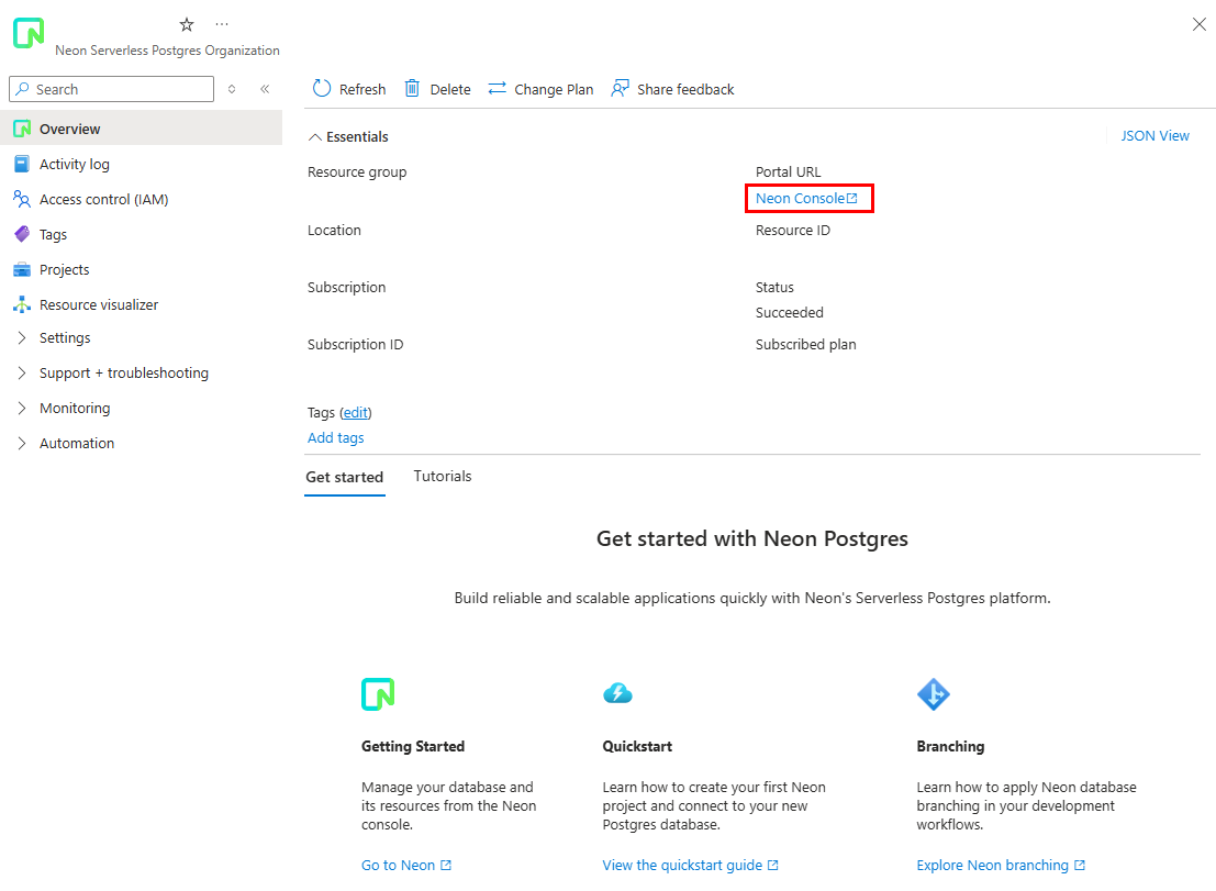 Zrzut ekranu przedstawiający przegląd zasobu Neon w witrynie Azure Portal. Link konsoli Neon jest podkreślony.