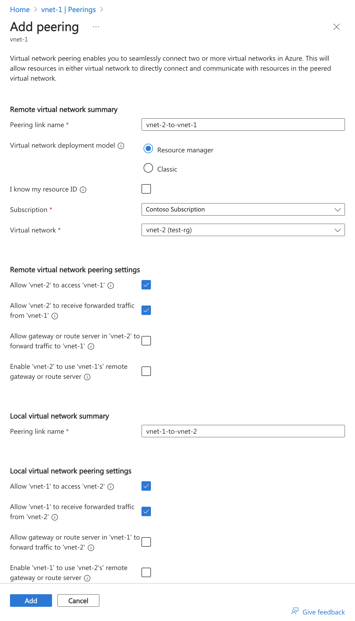 Zrzut ekranu z dodawania peeringu w Azure Portal.