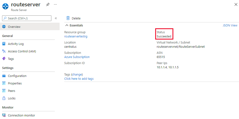 Zrzut ekranu przedstawiający stronę przeglądu usługi Route Server z potwierdzeniem pomyślnego wdrożenia.