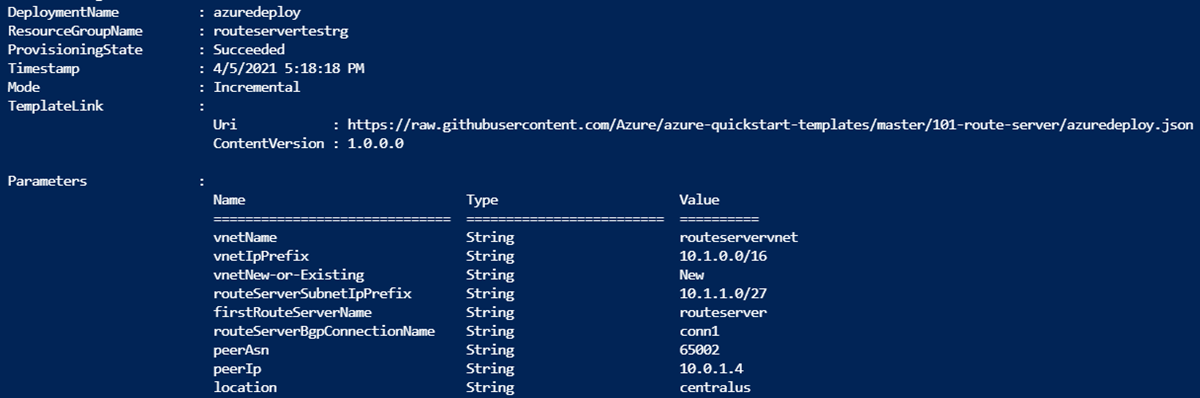 Zrzut ekranu przedstawiający dane wyjściowe wdrożenia szablonu PowerShell Resource Manager dla Route Server.