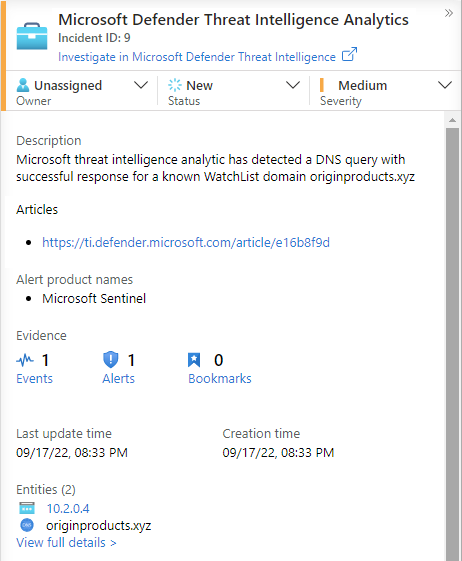 Zrzut ekranu przedstawiający incydent wysokiej jakości wygenerowany przez dopasowanie analiz z dodatkowymi informacjami kontekstowymi z usługi Defender Threat Intelligence.