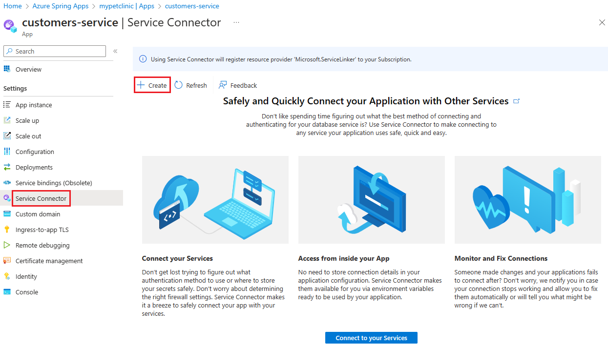 Zrzut ekranu portalu Azure, w wystąpieniu Azure Spring Apps, utwórz połączenie z Service Connector.
