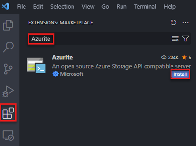 Zrzut ekranu przedstawiający sposób wyszukiwania i instalowania rozszerzenia Azurite w programie Visual Studio Code.