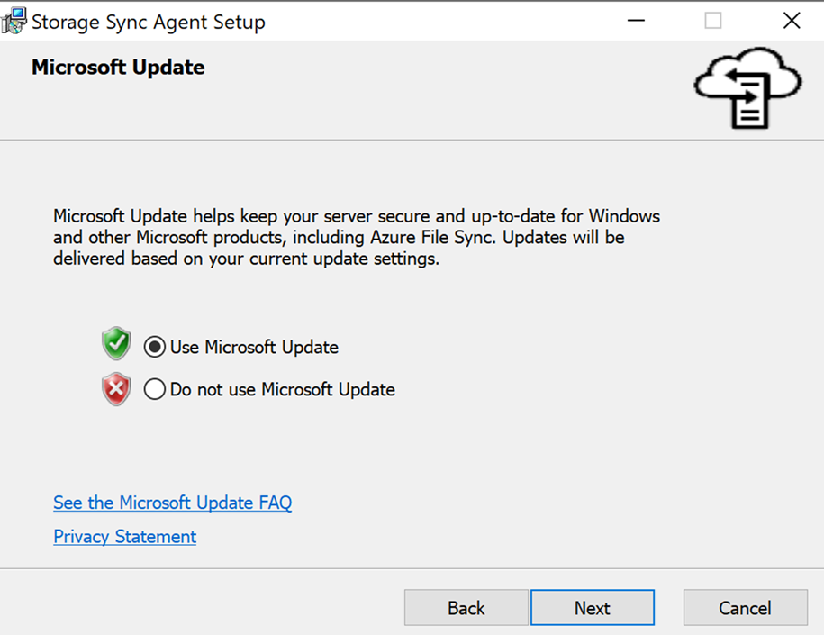 Zrzut ekranu przedstawiający opcję używania usługi Microsoft Update w Kreatorze instalacji agenta synchronizacji plików.