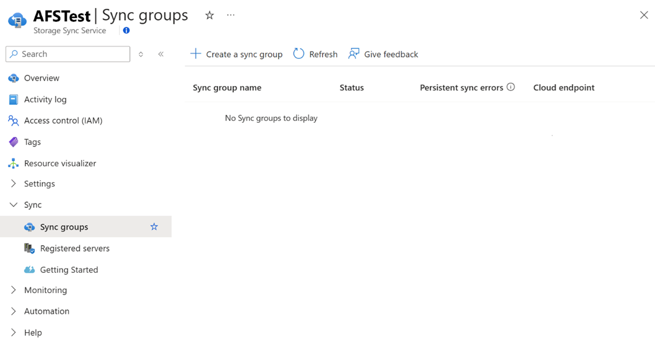 Zrzut ekranu przedstawiający okienko grup synchronizacji w witrynie Azure Portal.