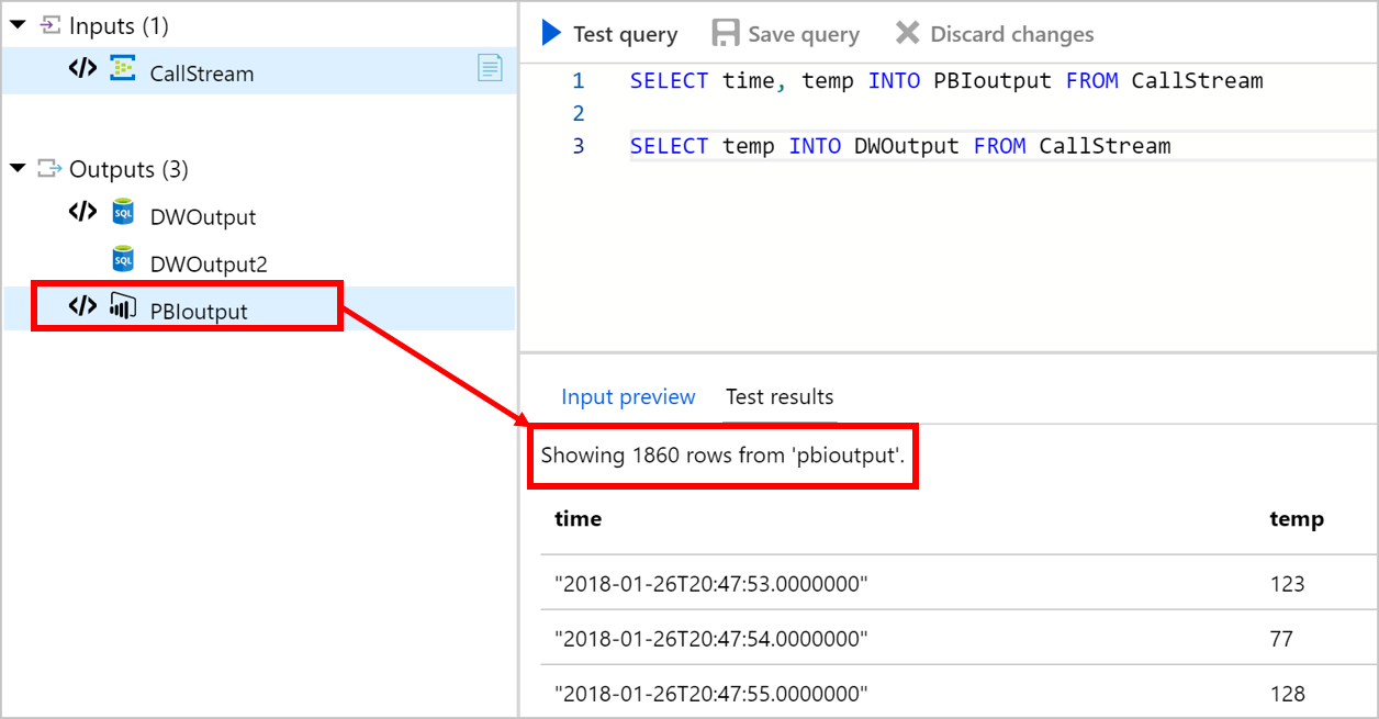 Zrzut ekranu przedstawiający Azure Stream Analytics wyniki testu z wybranym miejscem docelowym danych wyjściowych.