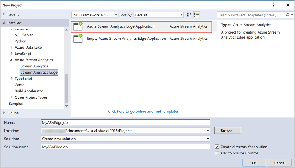 Nowy projekt usługi Stream Analytics Edge w programie Visual Studio