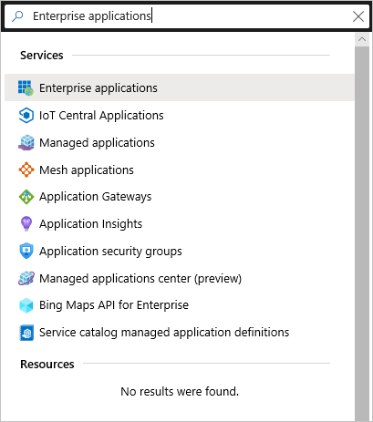 Zrzut ekranu przedstawiający wyszukiwanie aplikacji dla przedsiębiorstw w witrynie Azure Portal
