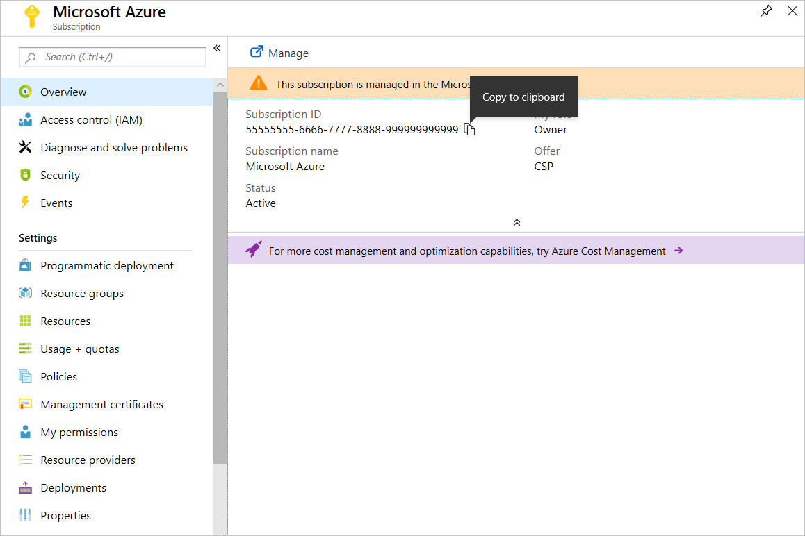 Zrzut ekranu przedstawiający właściwości subskrypcji platformy Azure. Wskaźnik myszy znajduje się na ikonie schowka 