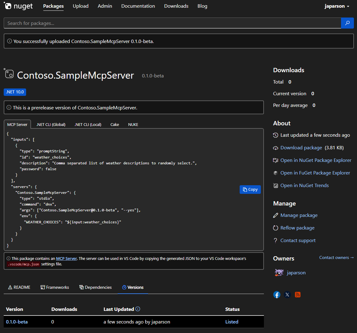 Zrzut ekranu przedstawiający określony serwer MCP wyświetlany na NuGet.org.