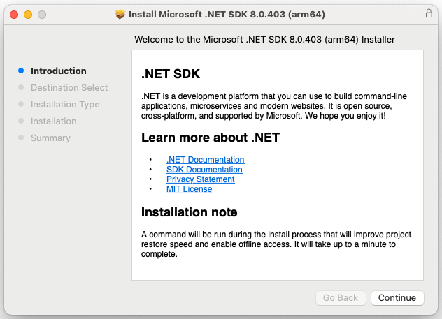  Zrzut ekranu przedstawiający tylko instalator .NET uruchomiony w systemie macOS.