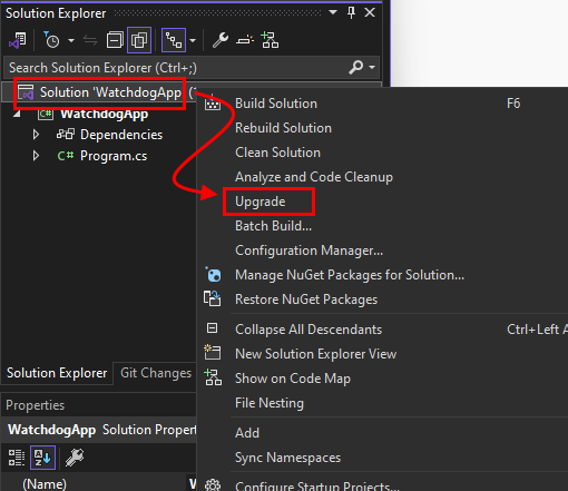 Okno Eksplorator Rozwiązań w programie Visual Studio z wyświetlonym menu kontekstowym rozwiązania. Element menu Aktualizuj jest wyróżniony.