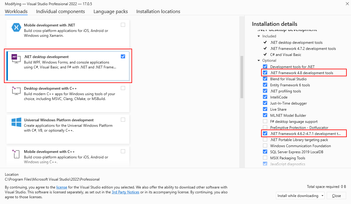 Instalator programu Visual Studio z wybranymi opcjami programu .NET Framework.